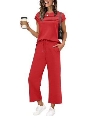 Women's Red 2 Piece Set Outfit Summer Lounge Sets Travel Airport Matching Set